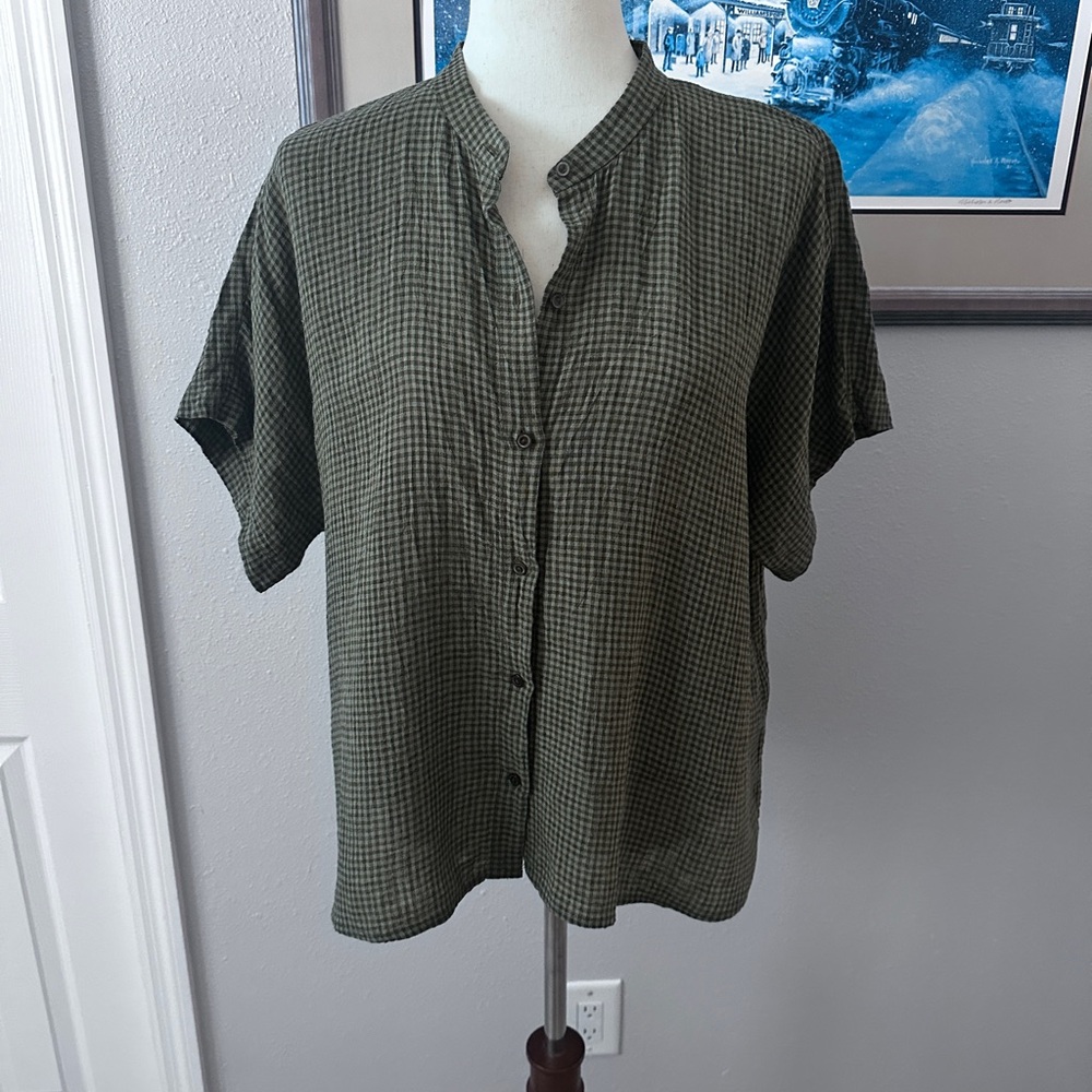 Eileen Fisher Olive Green Checked Short Sleeve Button-Front Shirt